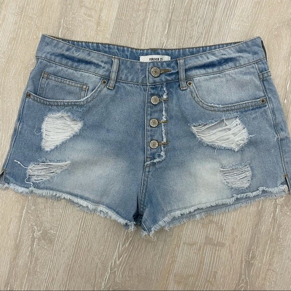 Distressed Button Fly Jean Shorts Forever 21 Sz 27 - Picture 1 of 8